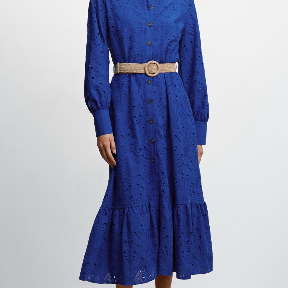 Mango Royal Blue Long Sleeve shirt Dress XS sz 2 with belt cotton midi
